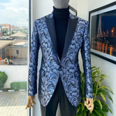 Blue Jacquard Men Suits for Wedding Party 2 Piece Custom Made Peaked Lapel Slim Fit Fasion Groom Tuxedo (Jacket + Pants) 2023 Blue